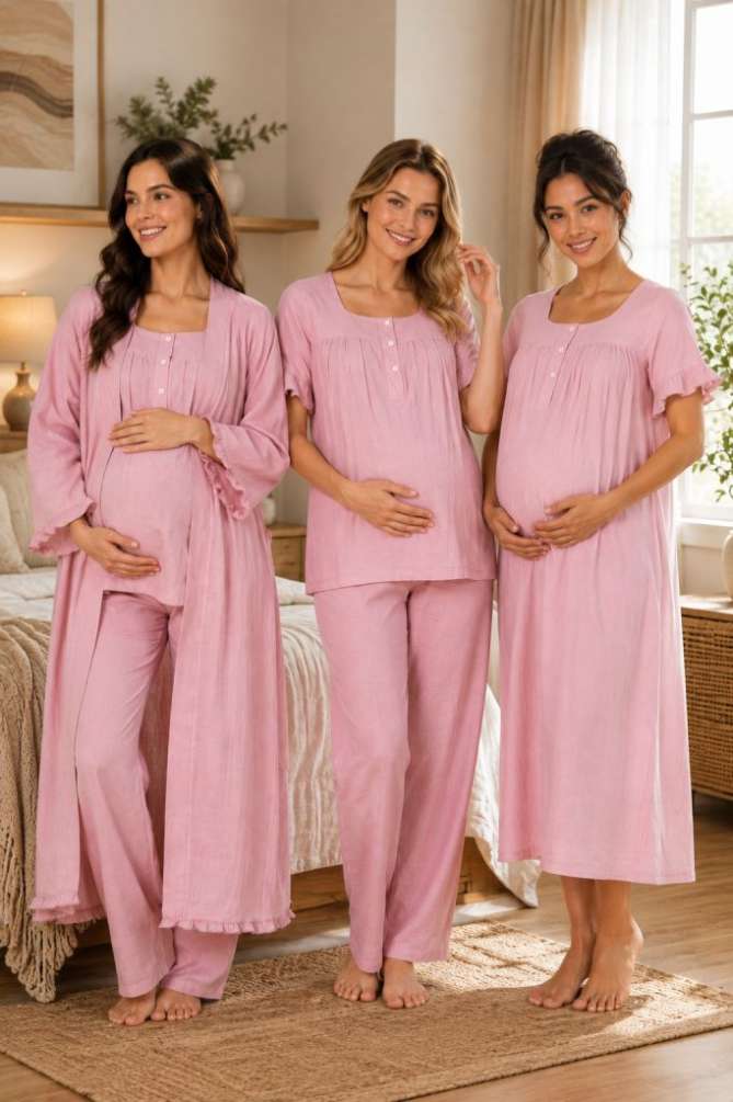 Pembe Müslin Kumaş Hamile Lohusa Sabahlıklı Pijama ve Gecelik Takımı - 1