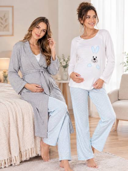 Mavi Hamile Lohusa Sabahlıklı Uzun Kollu Pijama Takımı 3lü Set (1)