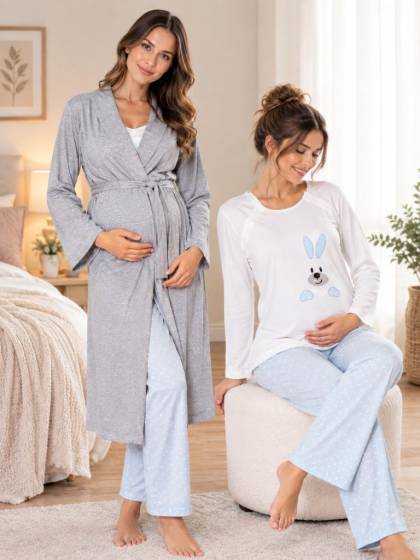 Mavi Hamile Lohusa Sabahlıklı Uzun Kollu Pijama Takımı 3lü Set