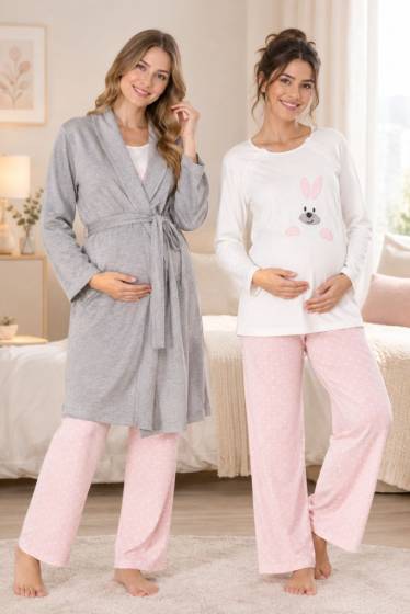 Pembe Hamile Lohusa Sabahlıklı Uzun Kollu Pijama Takımı 3lü Set 