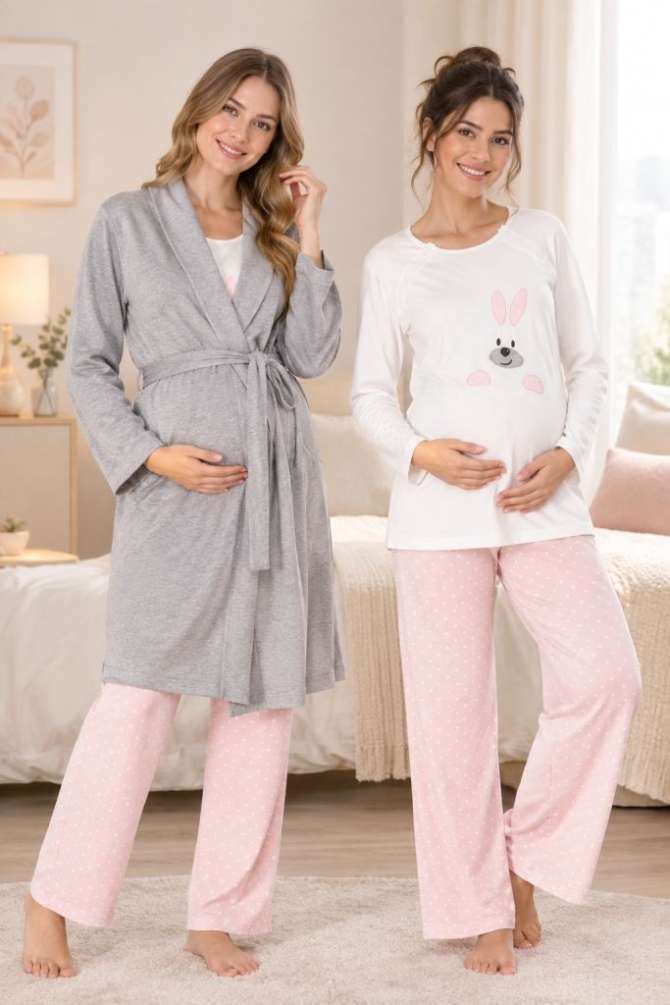 Pembe Hamile Lohusa Sabahlıklı Uzun Kollu Pijama Takımı 3lü Set - 1