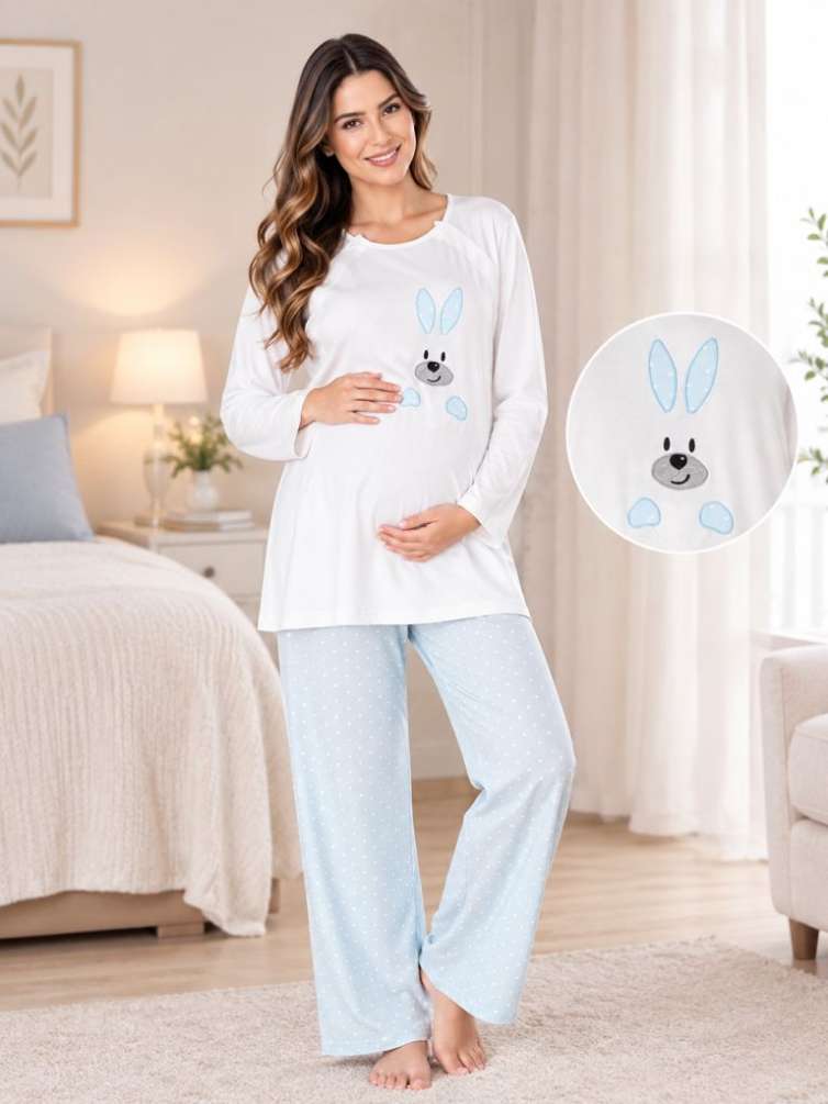 Mavi Hamile Lohusa Uzun Kollu Pijama Takımı - 1