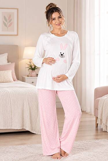 Pembe Hamile Lohusa Uzun Kollu Pijama Takımı 