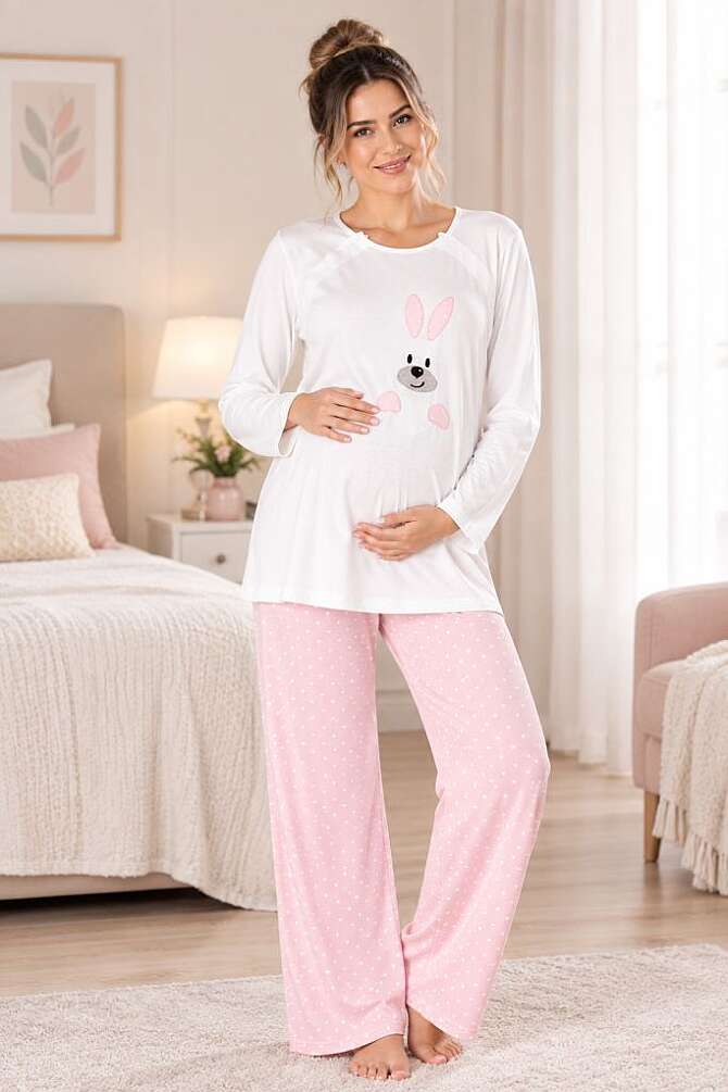 Pembe Hamile Lohusa Uzun Kollu Pijama Takımı - 1
