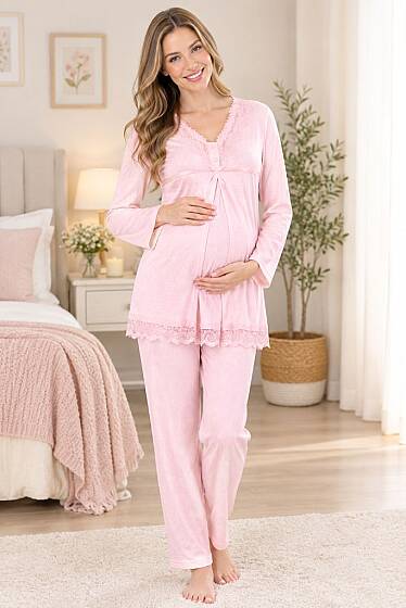 Pembe Dantelli Hamile Lohusa Ayarlanabilir Bel Lastikli Pijama Takımı 