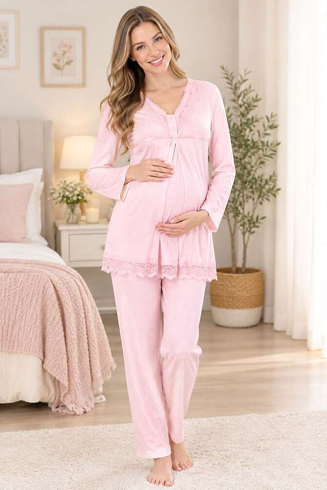 Pembe Dantelli Hamile Lohusa Ayarlanabilir Bel Lastikli Pijama Takımı  - 1