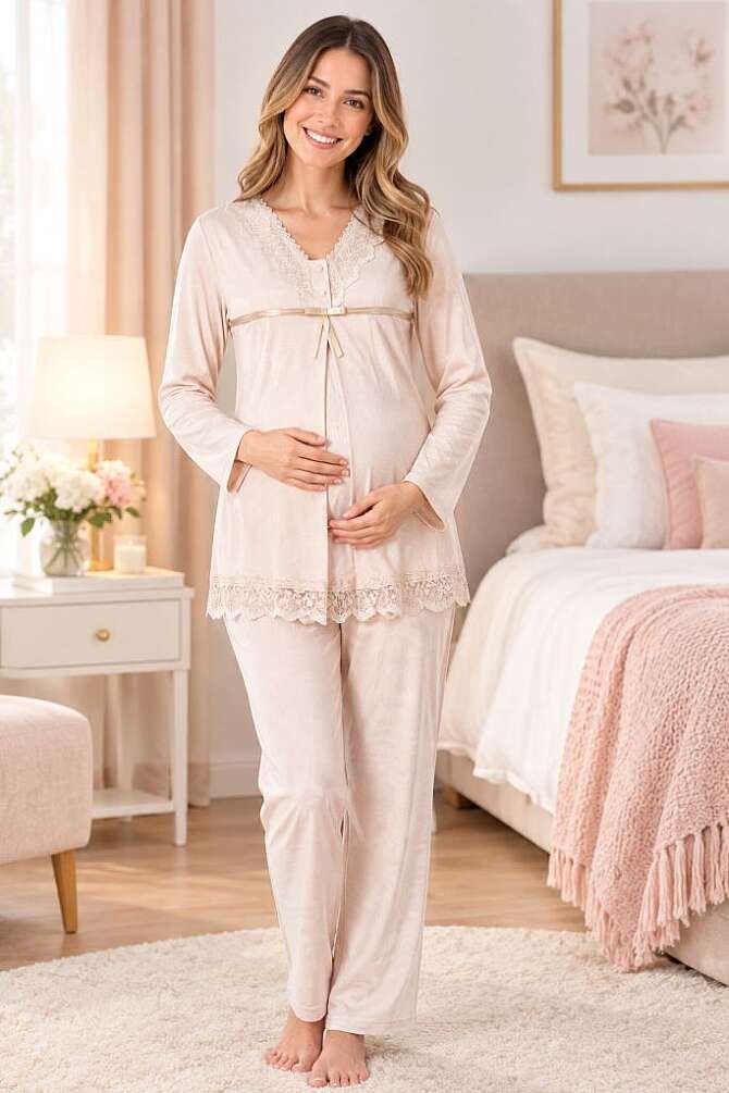Vizon Dantelli Hamile Lohusa Ayarlanabilir Bel Lastikli Pijama Takımı - 1
