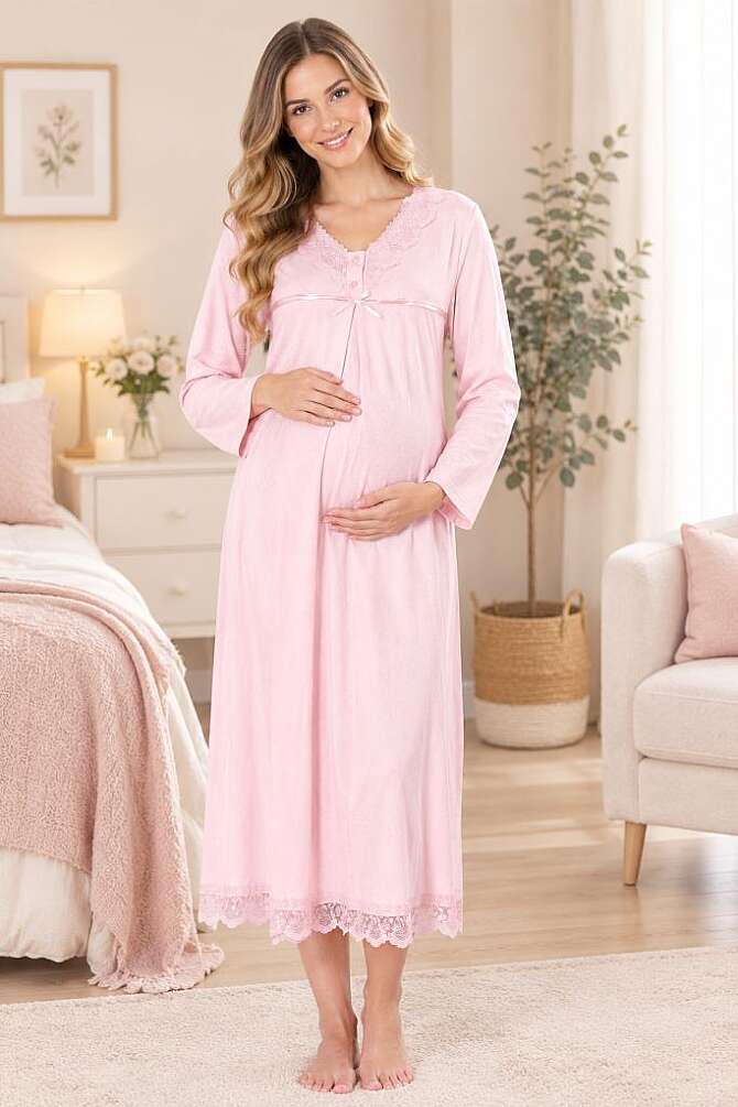 Pembe Emzirme Özellikli Hamile Lohusa Gecelik - 1