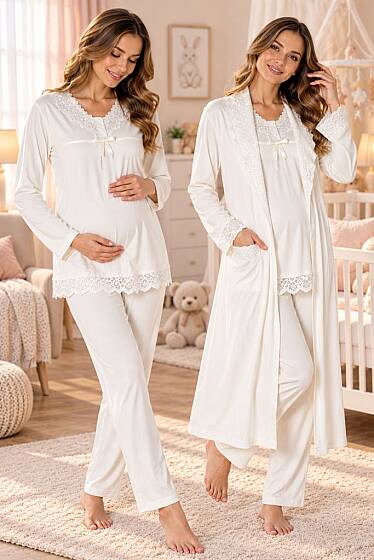 Ekru Hamile Lohusa Sabahlıklı Ayarlanabilir Bel Lastikli Pijama Takımı 3lü Set