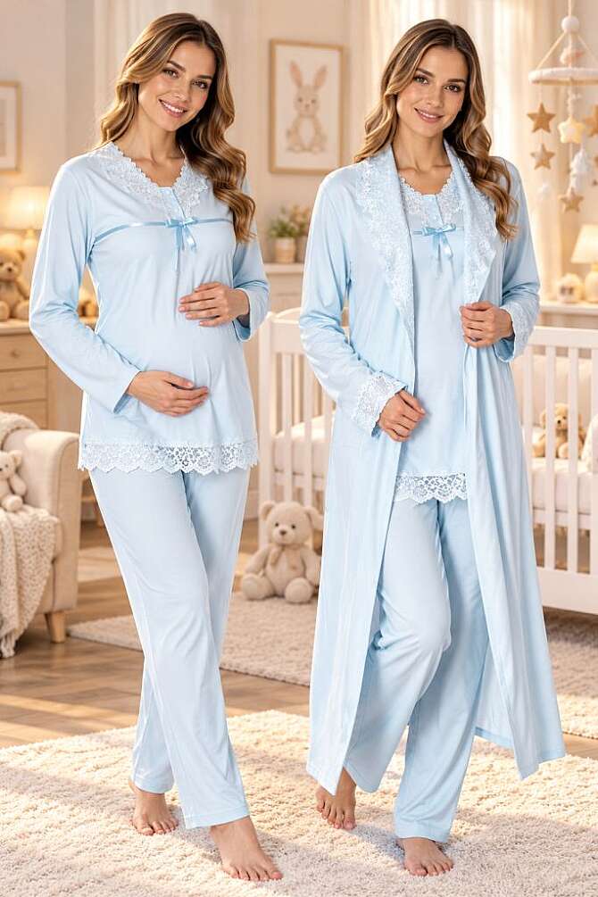 Mavi Hamile Lohusa Sabahlıklı Ayarlanabilir Bel Lastikli Pijama Takımı 3lü Set - 1