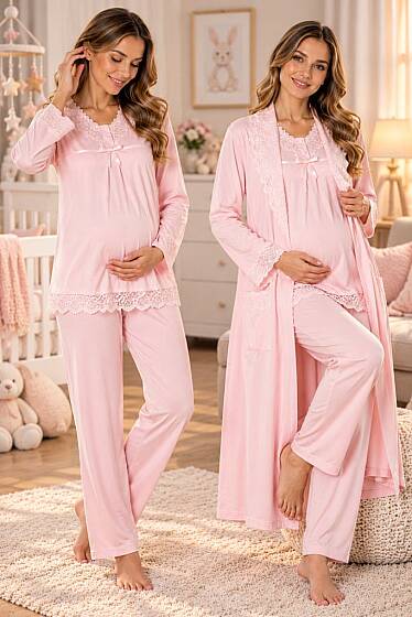 Pembe Hamile Lohusa Sabahlıklı Ayarlanabilir Bel Lastikli Pijama Takımı 3lü Set 