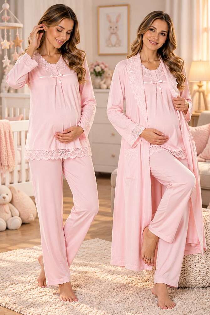 Pembe Hamile Lohusa Sabahlıklı Ayarlanabilir Bel Lastikli Pijama Takımı 3lü Set - 1