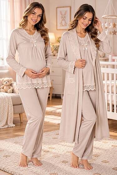 Vizon Hamile Lohusa Sabahlıklı Ayarlanabilir Bel Lastikli Pijama Takımı 3lü Set