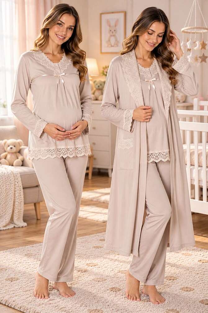 Vizon Hamile Lohusa Sabahlıklı Ayarlanabilir Bel Lastikli Pijama Takımı 3lü Set - 1