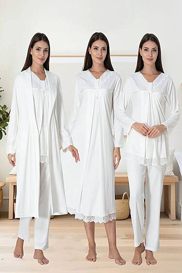 Ekru Hamile Lohusa Sabahlıklı Gecelik ve Pijama Takımı – Lohusa Seti