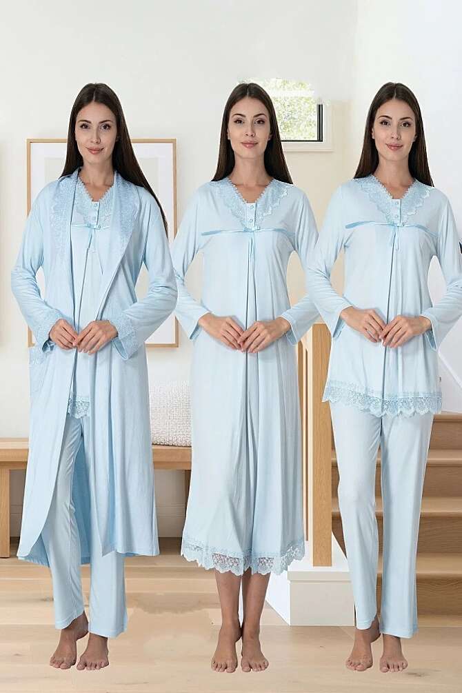 Mavi Hamile Lohusa Sabahlıklı Gecelik ve Pijama Takımı – Lohusa Seti - 1