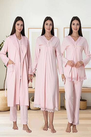 Pembe Hamile Lohusa Sabahlıklı Gecelik ve Pijama Takımı – Lohusa Seti