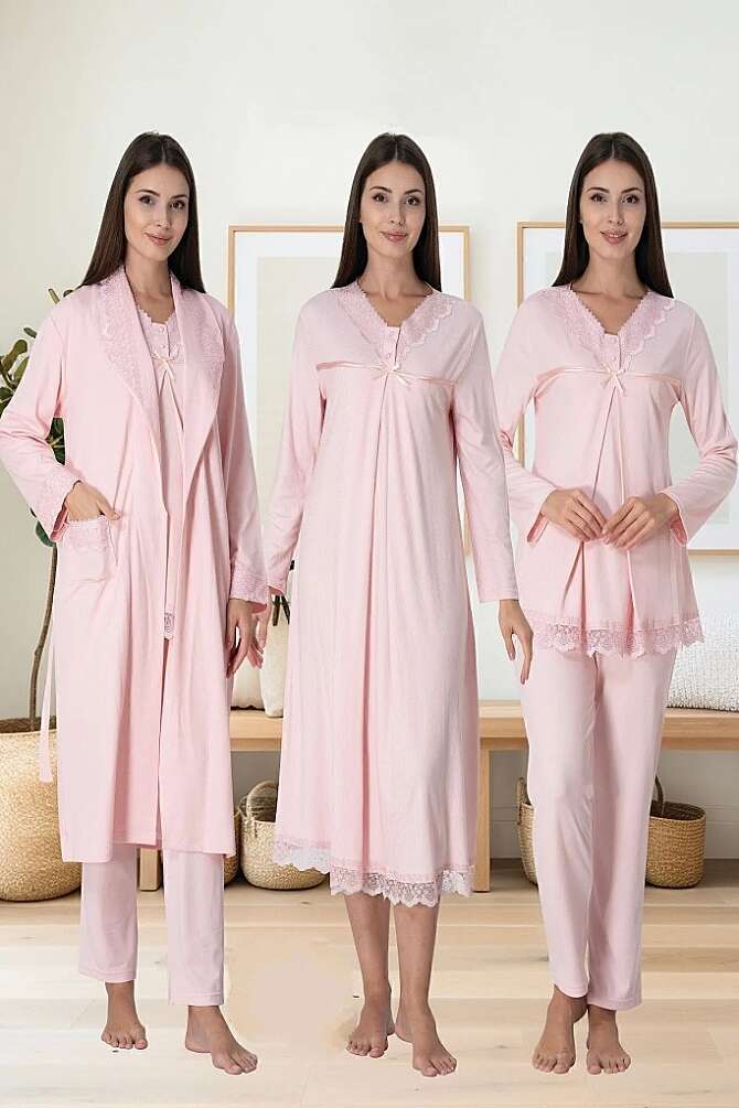 Pembe Hamile Lohusa Sabahlıklı Gecelik ve Pijama Takımı – Lohusa Seti - 1