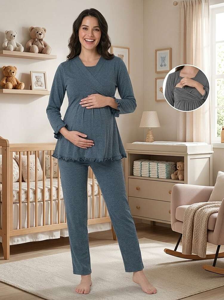 Antrasit Gizli Emzirme Özellikli Hamile Lohusa Pijama Takımı - 1