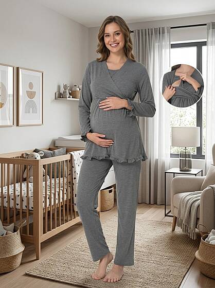 Füme Gizli Emzirme Özellikli Hamile Lohusa Pijama Takımı 