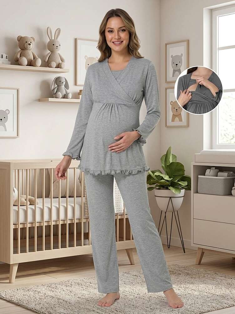 Gri Gizli Emzirme Özellikli Hamile Lohusa Pijama Takımı - 1