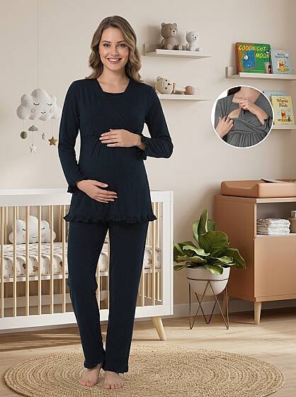 Lacivert Gizli Emzirme Özellikli Hamile Lohusa Pijama Takımı 