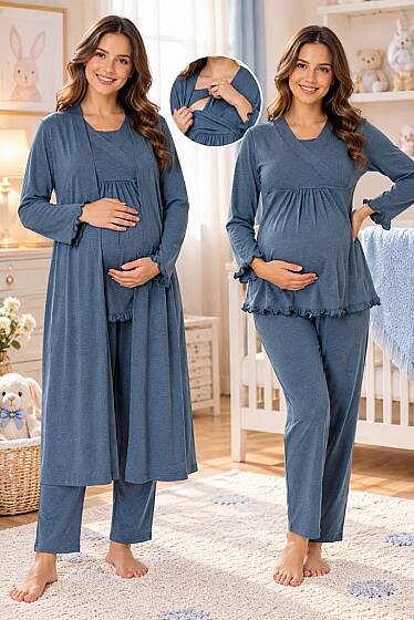 Antrasit Gizli Emzirme Özellikli Sabahlıklı Pijama Takımı 