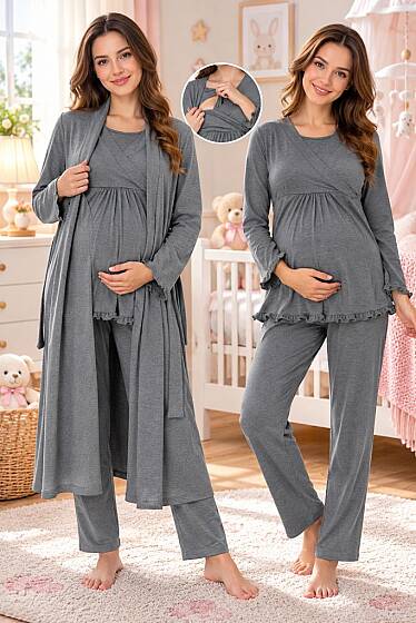 Füme Gizli Emzirme Özellikli Sabahlıklı Pijama Takımı