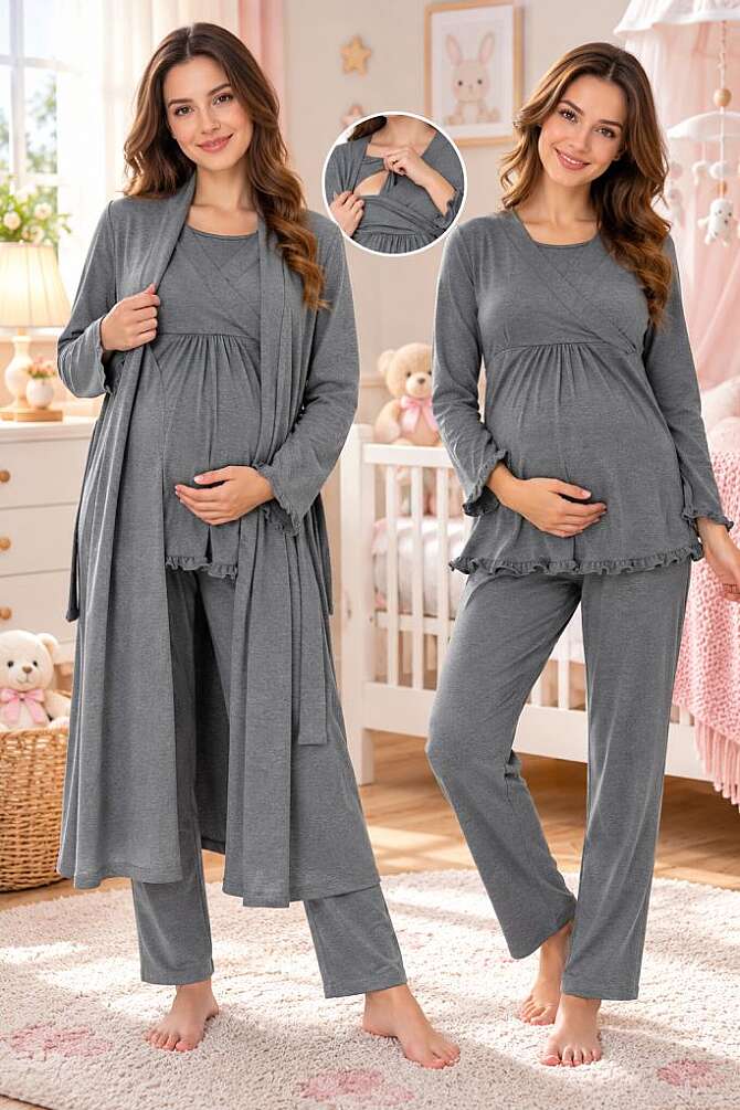 Füme Gizli Emzirme Özellikli Sabahlıklı Pijama Takımı - 1