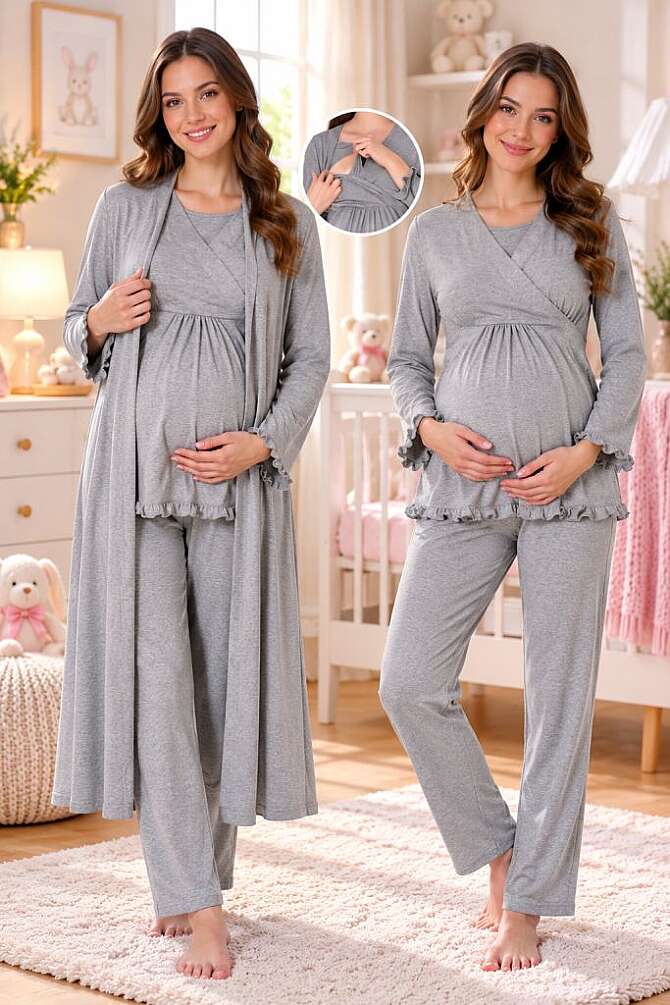 Gri Gizli Emzirme Özellikli Sabahlıklı Pijama Takımı - 1