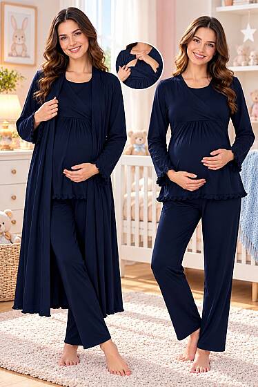 Lacivert Gizli Emzirme Özellikli Sabahlıklı Pijama Takımı 