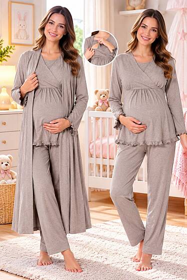 Vizon Gizli Emzirme Özellikli Sabahlıklı Pijama Takımı 
