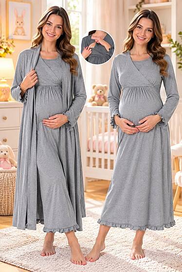 Gri Gizli Emzirme Özellikli Sabahlıklı Gecelik Takımı
