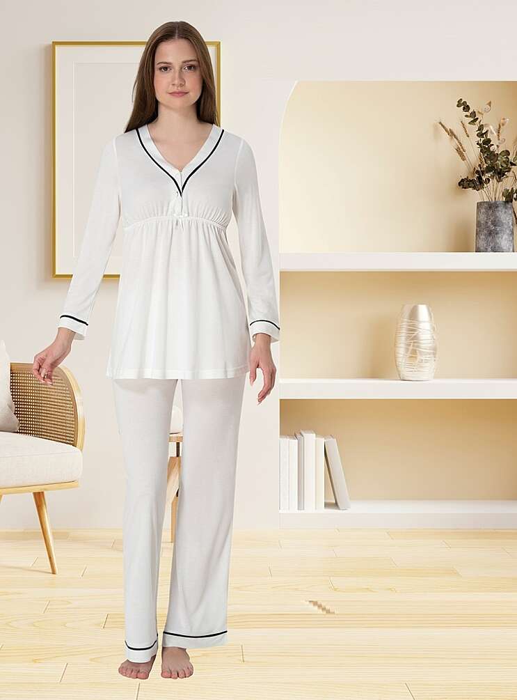 Ekru Hamile Lohusa Ayarlanabilir Bel Pijama Takımı - 1