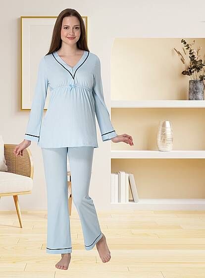 Mavi Hamile Lohusa Ayarlanabilir Bel Pijama Takımı 