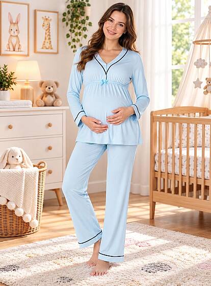 Mavi Hamile Lohusa Ayarlanabilir Bel Pijama Takımı