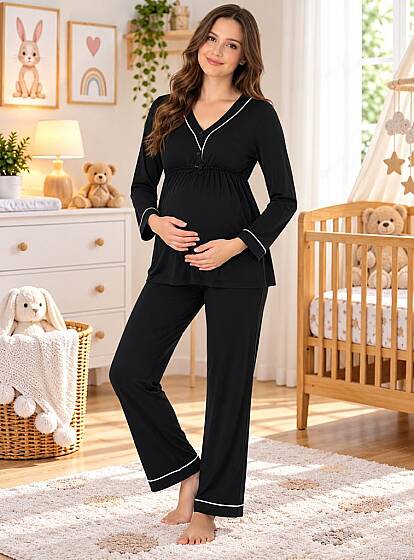 Siyah Hamile Lohusa Ayarlanabilir Bel Pijama Takımı