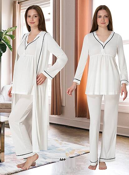 Ekru Hamile Lohusa Sabahlıklı Ayarlanabilir Bel Pijama Takımı