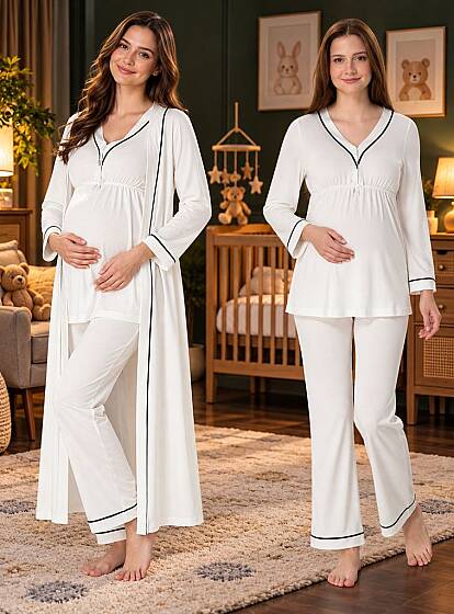 Ekru Hamile Lohusa Sabahlıklı Ayarlanabilir Bel Pijama Takımı