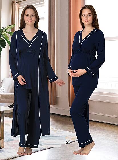 Lacivert Hamile Lohusa Sabahlıklı Ayarlanabilir Bel Pijama Takımı