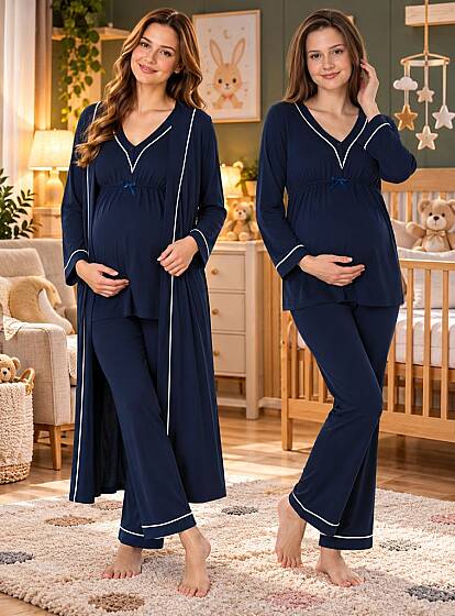 Lacivert Hamile Lohusa Sabahlıklı Ayarlanabilir Bel Pijama Takımı