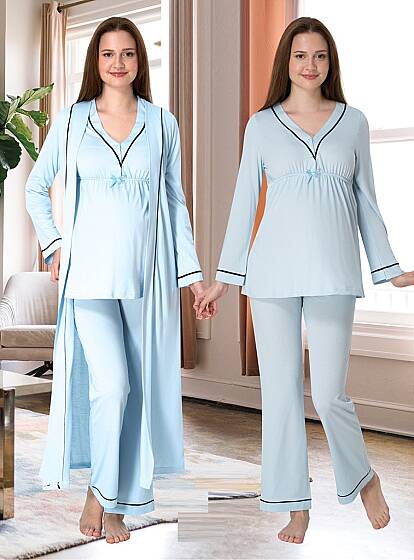 Mavi Hamile Lohusa Sabahlıklı Ayarlanabilir Bel Pijama Takımı