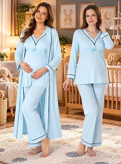 Mavi Hamile Lohusa Sabahlıklı Ayarlanabilir Bel Pijama Takımı