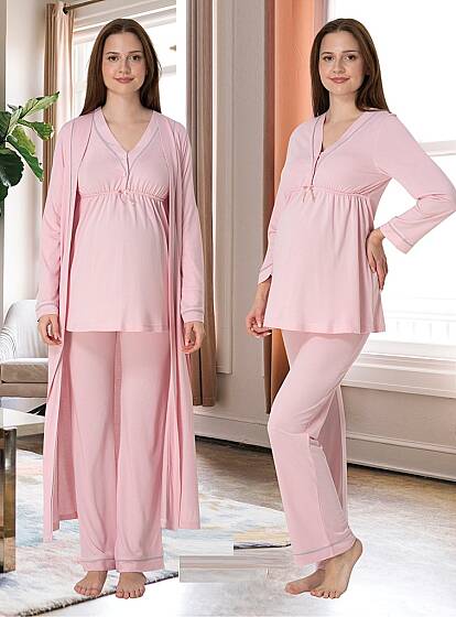 Pembe Hamile Lohusa Sabahlıklı Ayarlanabilir Bel Pijama Takımı