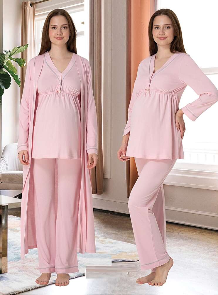 Pembe Hamile Lohusa Sabahlıklı Ayarlanabilir Bel Pijama Takımı - 1
