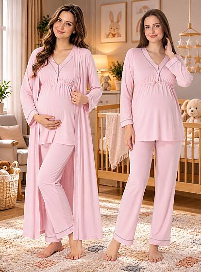 Pembe Hamile Lohusa Sabahlıklı Ayarlanabilir Bel Pijama Takımı