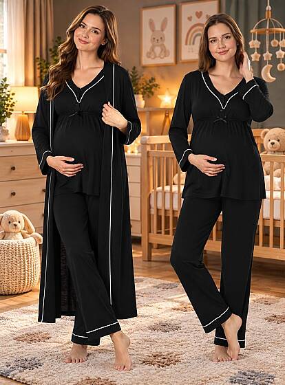 Siyah Hamile Lohusa Sabahlıklı Ayarlanabilir Bel Pijama Takımı