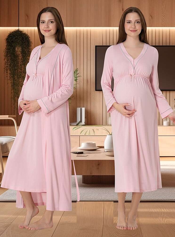 Pembe Sabahlıklı Hamile Lohusa Emzirme Özellikli Gecelik Takımı - 1