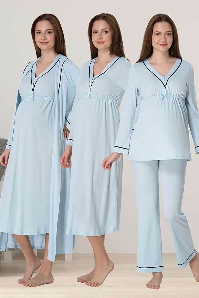 Mavi Hamile Lohusa Sabahlıklı Gecelik ve Pijama Takımı – Lohusa Seti - 1
