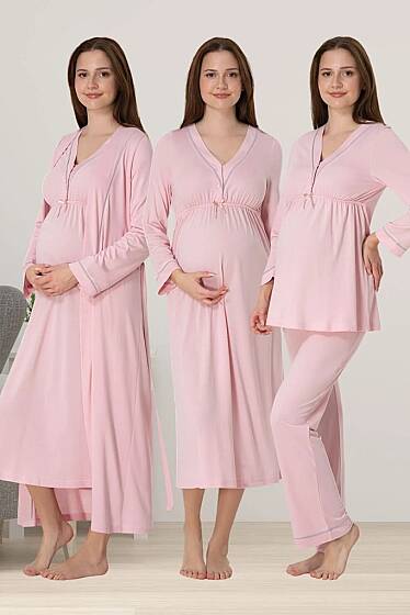 Pembe Hamile Lohusa Sabahlıklı Gecelik ve Pijama Takımı – Lohusa Seti